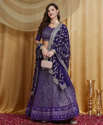 Women's Purple Premium Georgette Embroidered Semi-Stitched Lehenga Choli with Dupatta 3