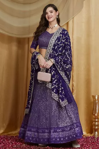Women's Purple Premium Georgette Embroidered Semi-Stitched Lehenga Choli with Dupatta