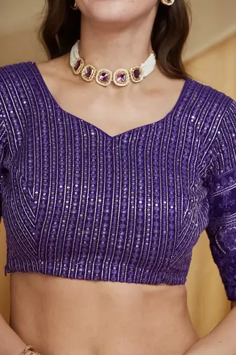 Women's Purple Premium Georgette Embroidered Semi-Stitched Lehenga Choli with Dupatta