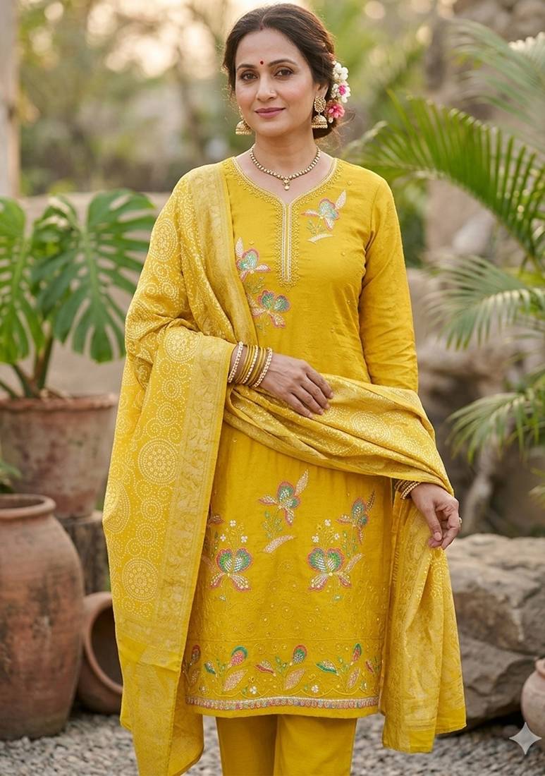 Yellow color viscose georgette designer printed ethnic salwar kameez