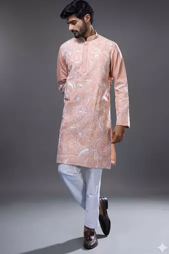 Peach embroidered, mirror silk kurta pant