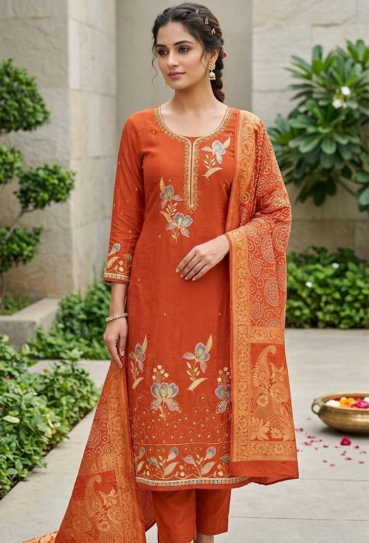 Rust color viscose georgette designer printed ethnic salwar kameez