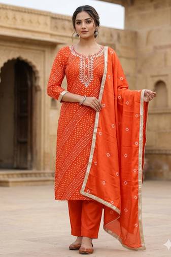 Orange color cotton designer printed ethnic salwar kameez