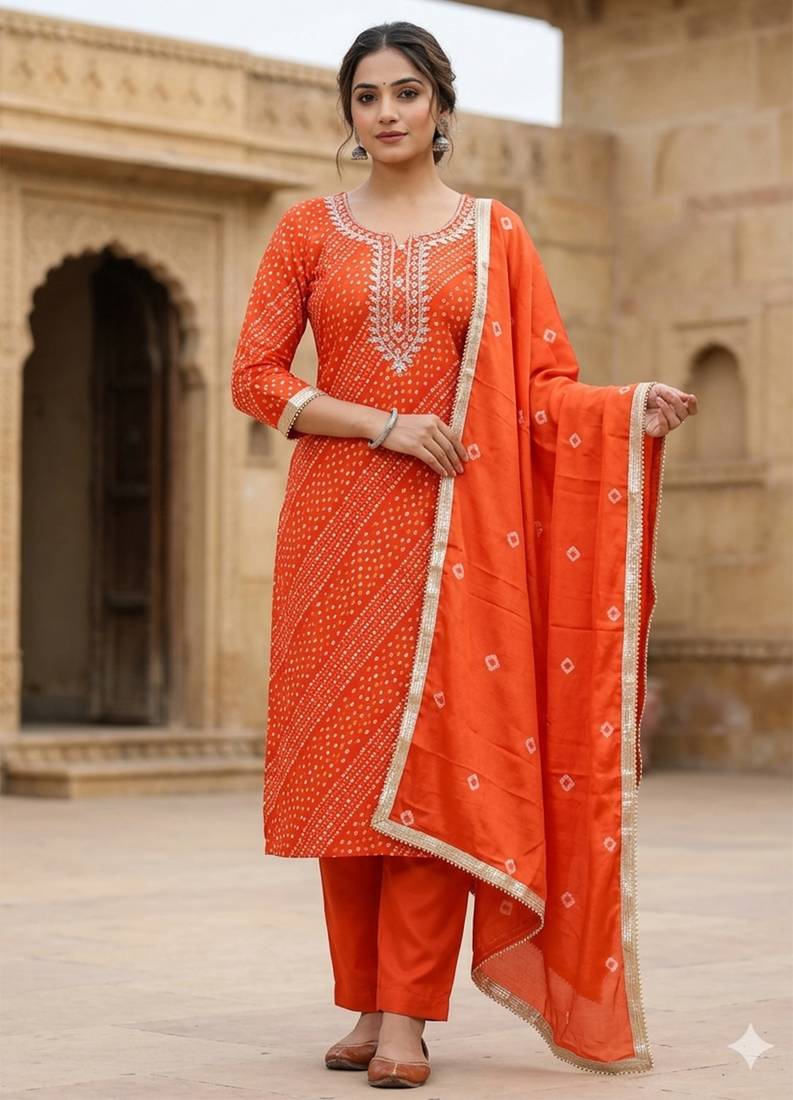 Orange color cotton designer printed ethnic salwar kameez