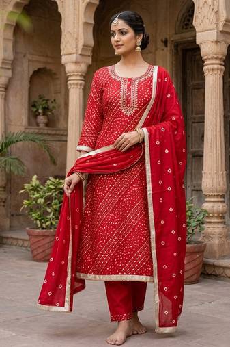 Red color cotton designer printed ethnic salwar kameez