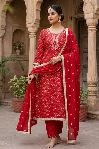 Red color cotton designer printed ethnic salwar kameez