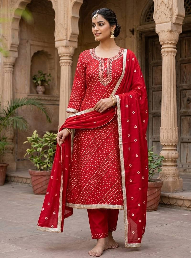 Red color cotton designer printed ethnic salwar kameez