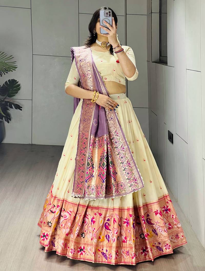 Purple Color Zari Weaving Work Paithani Silk Lehenga Choli With Unstitched Blouse