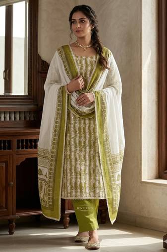 Green color beautiful lilen cotton smart and ethnic salwar suit for trendy girls
