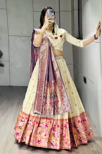 Purple Color Zari Weaving Work Paithani Silk Lehenga Choli With Unstitched Blouse