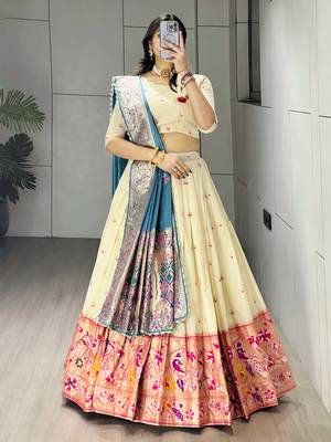 Firozi Color Zari Weaving Work Paithani Silk Lehenga Choli With Unstitched Blouse 1