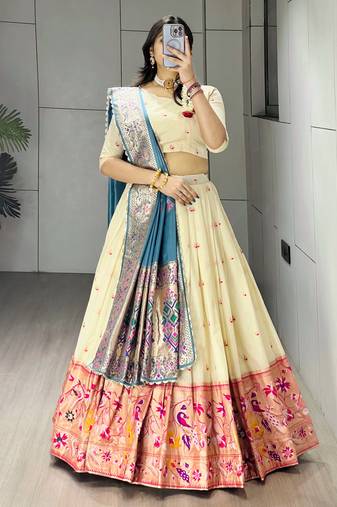 Firozi Color Zari Weaving Work Paithani Silk Lehenga Choli With Unstitched Blouse