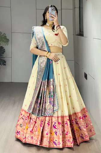 Firozi Color Zari Weaving Work Paithani Silk Lehenga Choli With Unstitched Blouse