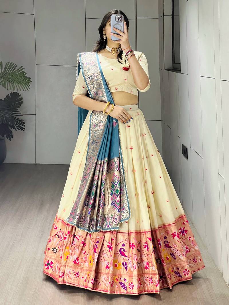 Firozi Color Zari Weaving Work Paithani Silk Lehenga Choli With Unstitched Blouse