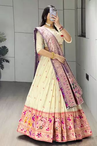 Purple Color Zari Weaving Work Paithani Silk Lehenga Choli With Unstitched Blouse