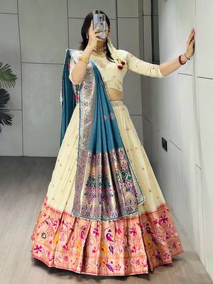 Firozi Color Zari Weaving Work Paithani Silk Lehenga Choli With Unstitched Blouse 2