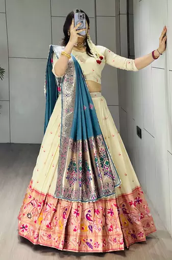 Firozi Color Zari Weaving Work Paithani Silk Lehenga Choli With Unstitched Blouse