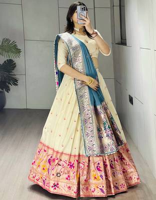 Firozi Color Zari Weaving Work Paithani Silk Lehenga Choli With Unstitched Blouse 3