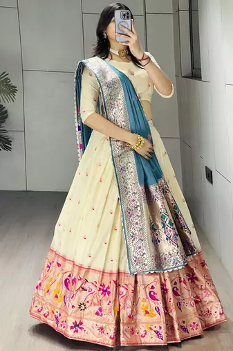 Firozi Color Zari Weaving Work Paithani Silk Lehenga Choli With Unstitched Blouse