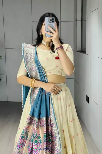 Firozi Color Zari Weaving Work Paithani Silk Lehenga Choli With Unstitched Blouse