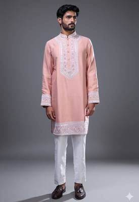 Peach embroidered, mirror silk kurta pant 1