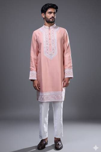 Peach embroidered, mirror silk kurta pant