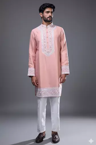 Peach embroidered, mirror silk kurta pant