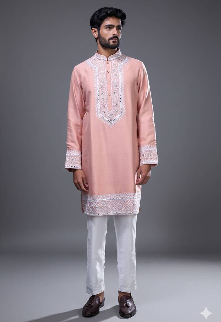 Peach embroidered, mirror silk kurta pant