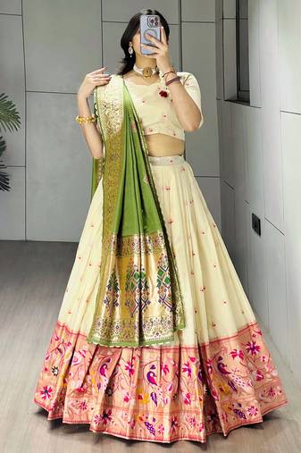 Green Color Zari Weaving Work Paithani Silk Lehenga Choli With Unstitched Blouse