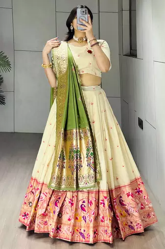 Green Color Zari Weaving Work Paithani Silk Lehenga Choli With Unstitched Blouse