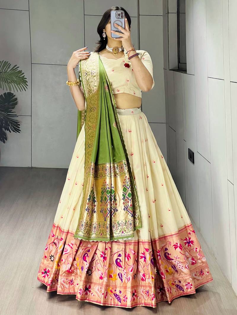 Green Color Zari Weaving Work Paithani Silk Lehenga Choli With Unstitched Blouse