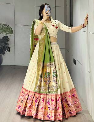 Green Color Zari Weaving Work Paithani Silk Lehenga Choli With Unstitched Blouse 2