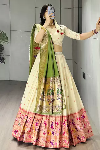 Green Color Zari Weaving Work Paithani Silk Lehenga Choli With Unstitched Blouse
