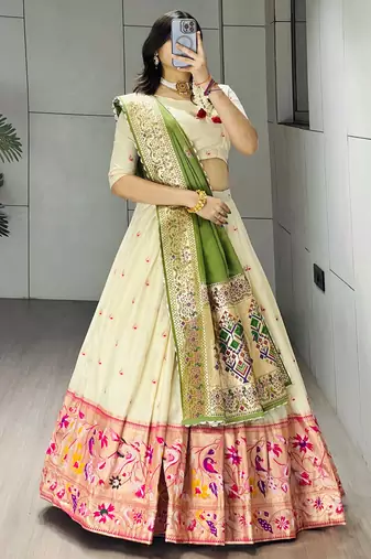 Green Color Zari Weaving Work Paithani Silk Lehenga Choli With Unstitched Blouse