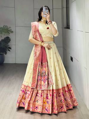 Pink Color Zari Weaving Work Paithani Silk Lehenga Choli With Unstitched Blouse 1