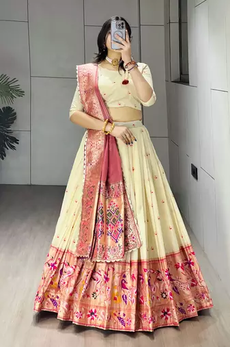 Pink Color Zari Weaving Work Paithani Silk Lehenga Choli With Unstitched Blouse