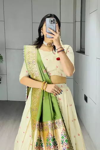 Green Color Zari Weaving Work Paithani Silk Lehenga Choli With Unstitched Blouse