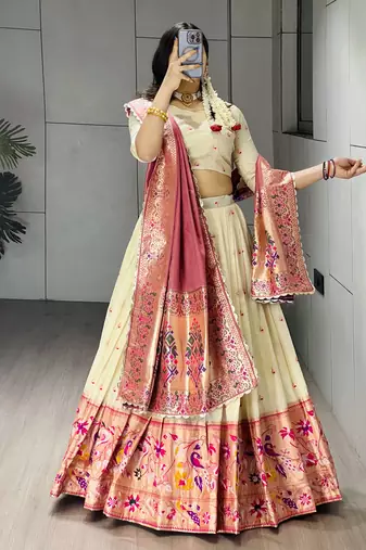 Pink Color Zari Weaving Work Paithani Silk Lehenga Choli With Unstitched Blouse