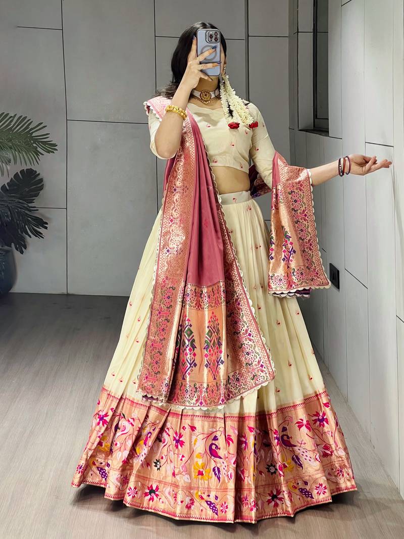 Pink Color Zari Weaving Work Paithani Silk Lehenga Choli With Unstitched Blouse