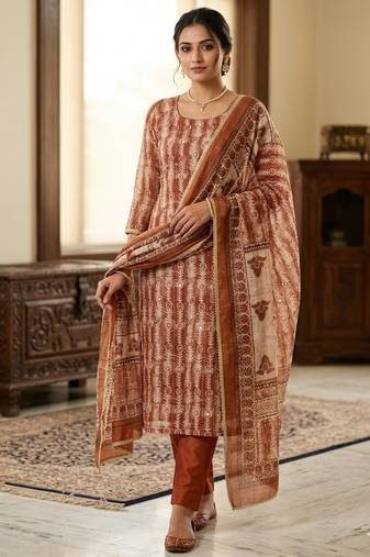 Brown color beautiful lilen cotton smart and ethnic salwar suit for trendy girls