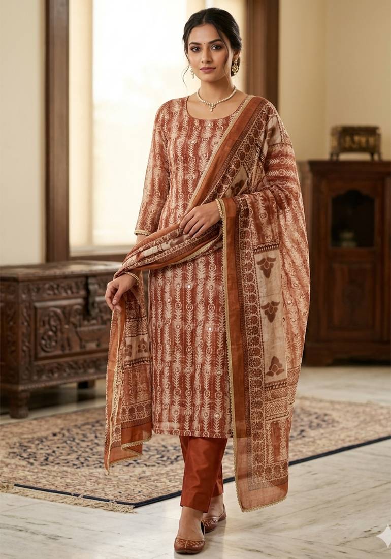 Brown color beautiful lilen cotton smart and ethnic salwar suit for trendy girls