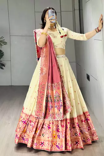 Pink Color Zari Weaving Work Paithani Silk Lehenga Choli With Unstitched Blouse