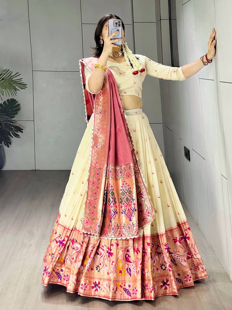 Pink Color Zari Weaving Work Paithani Silk Lehenga Choli With Unstitched Blouse