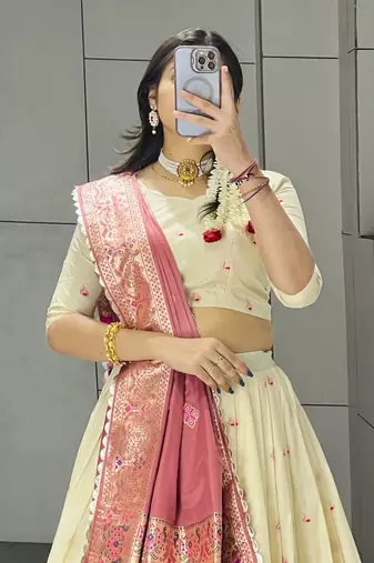 Pink Color Zari Weaving Work Paithani Silk Lehenga Choli With Unstitched Blouse