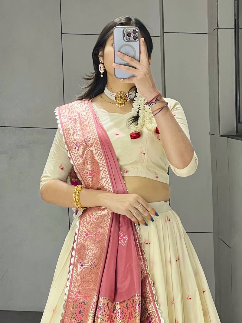 Pink Color Zari Weaving Work Paithani Silk Lehenga Choli With Unstitched Blouse