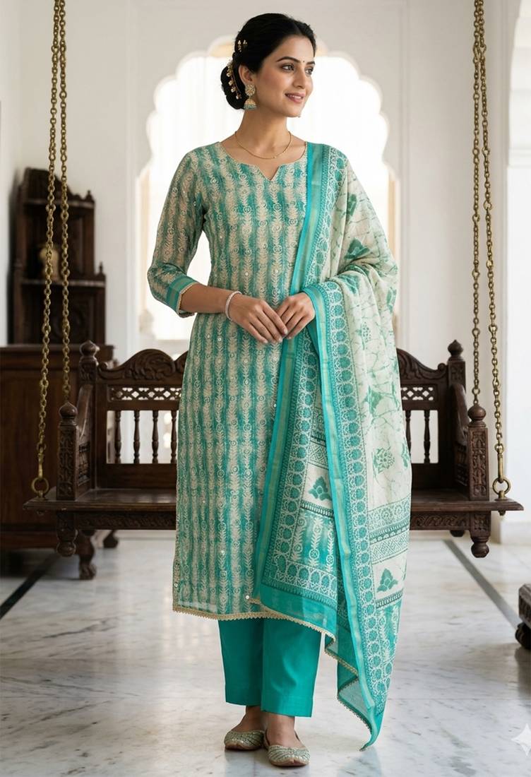 Sea green color beautiful lilen cotton smart and ethnic salwar suit for trendy girls