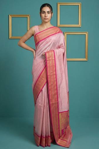 Baby pink border woven zari border & buti work silk blend fabric traditional festive style