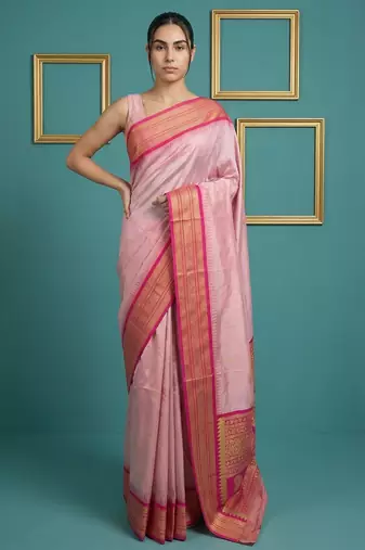 Baby pink border woven zari border & buti work silk blend fabric traditional festive style