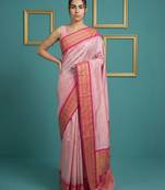 Baby pink border woven zari border & buti work silk blend fabric traditional festive style