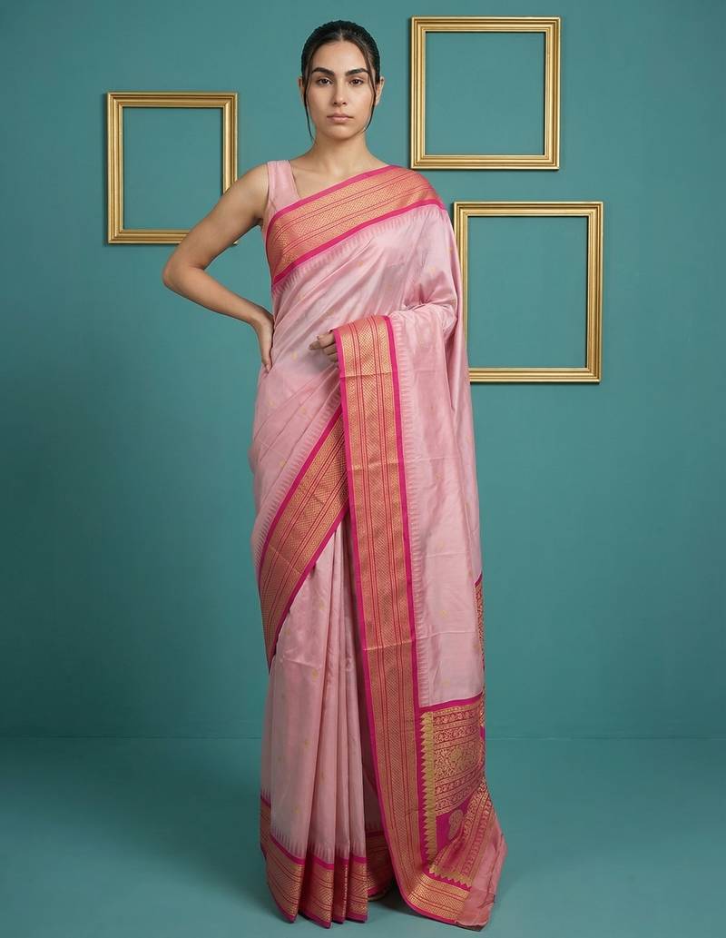 Baby pink border woven zari border & buti work silk blend fabric traditional festive style